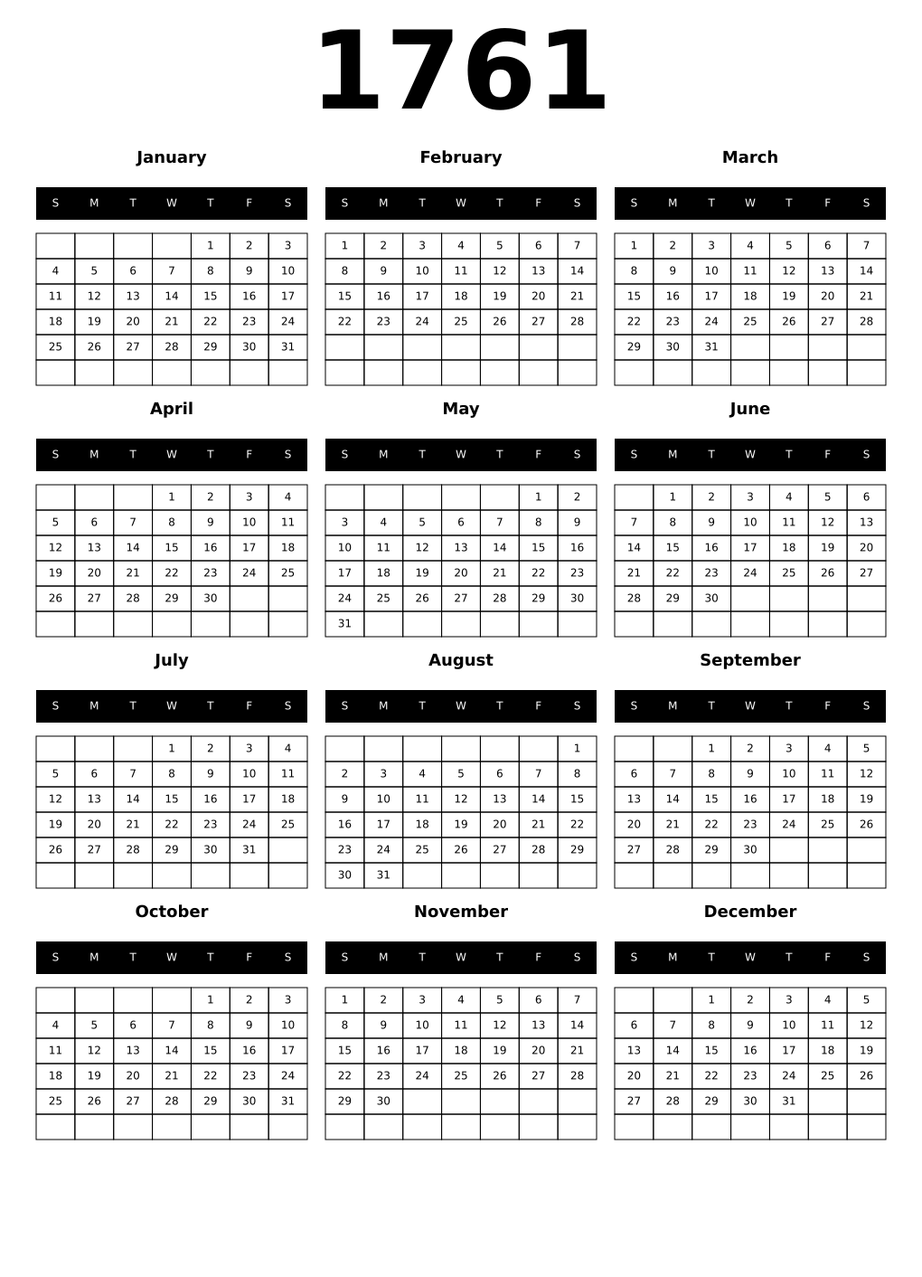 Printable 1761 Calendars
