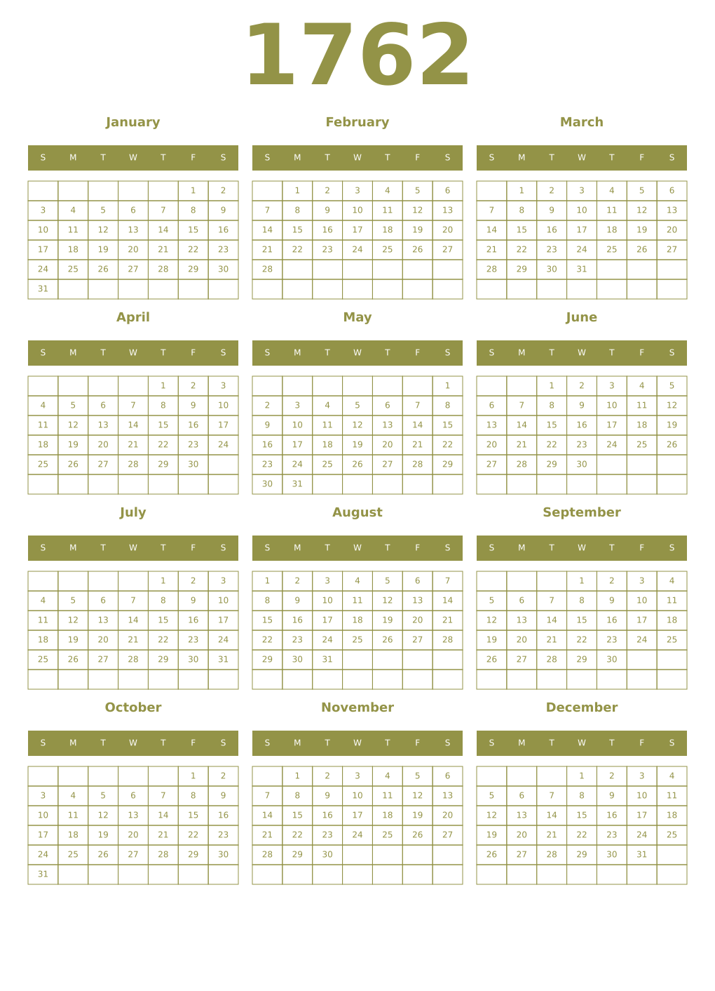 Printable 1762 Year Calendars eburnean
