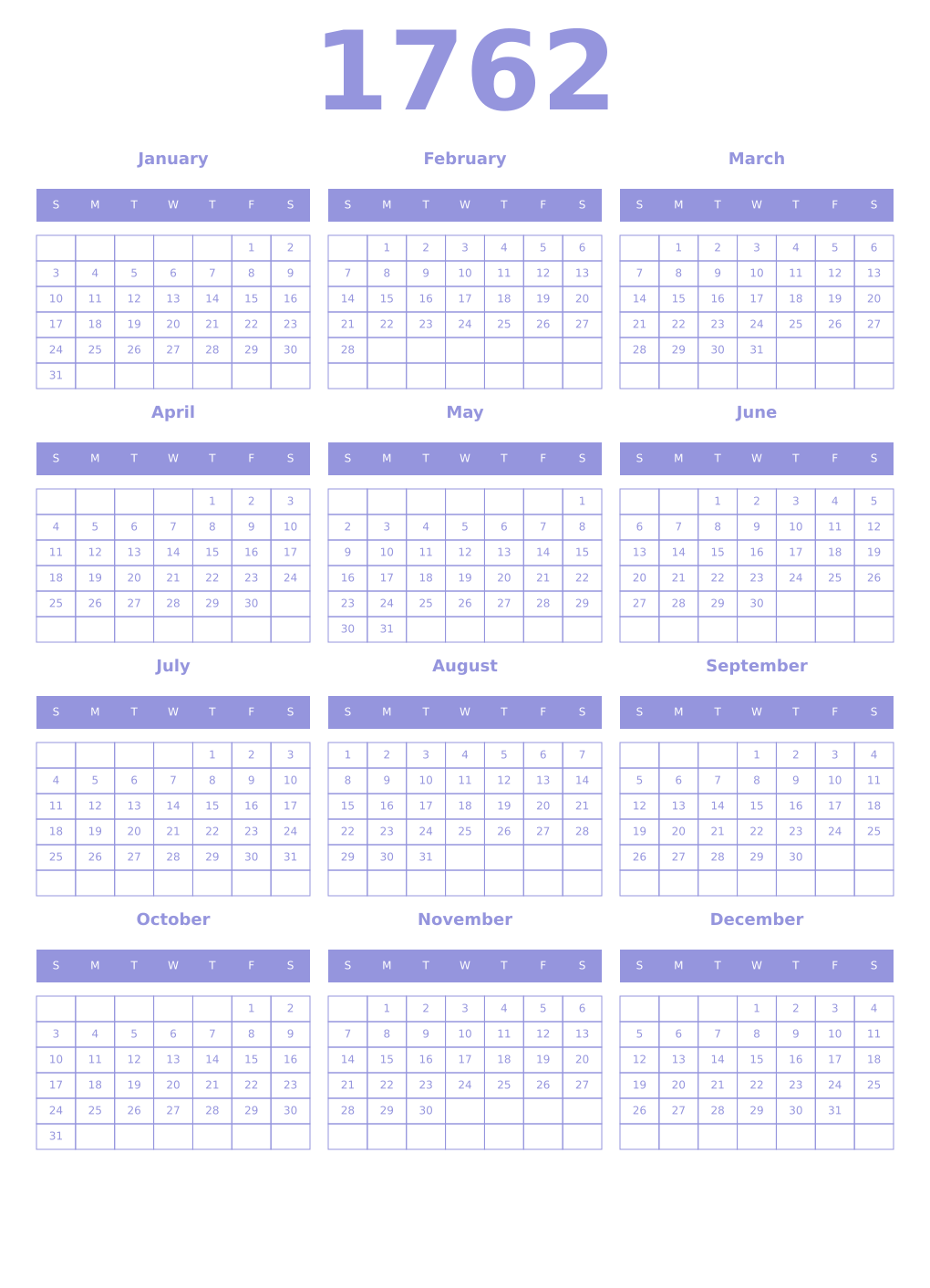 Printable 1762 Year Calendars periwinkle