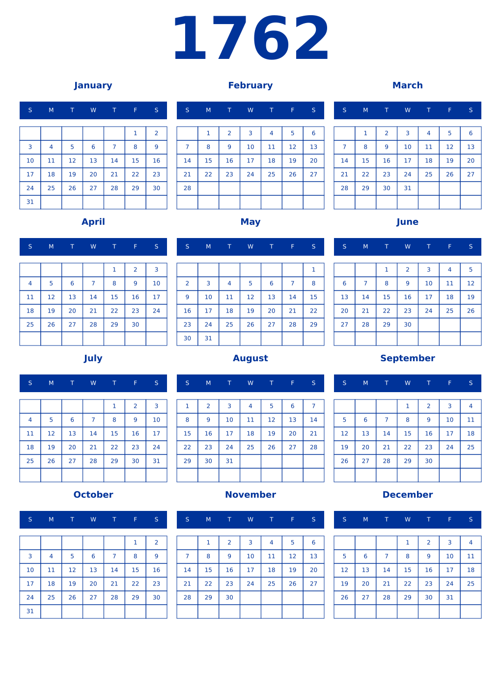 Printable 1762 Year Calendars smalt