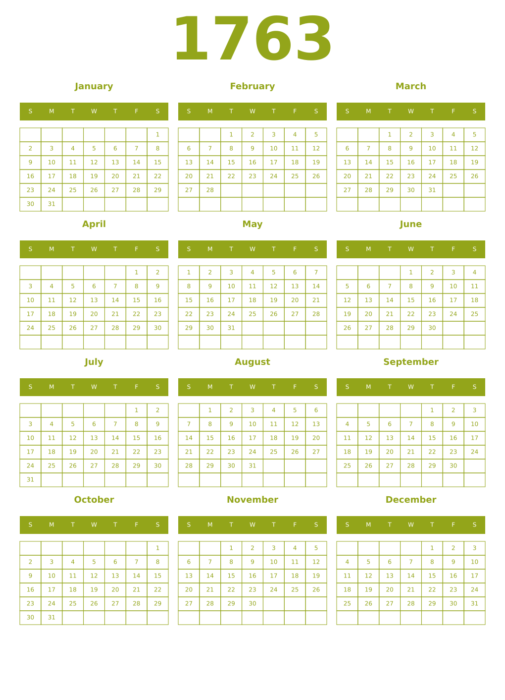 Printable 1763 Year Calendars chartreuse