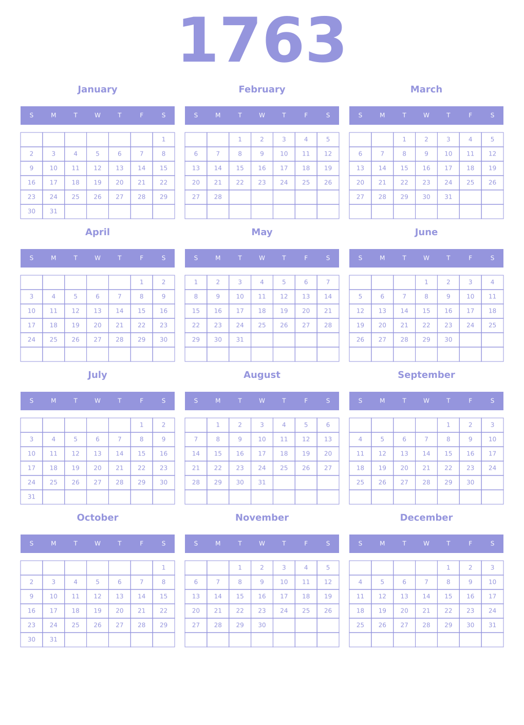 Printable 1763 Year Calendars periwinkle