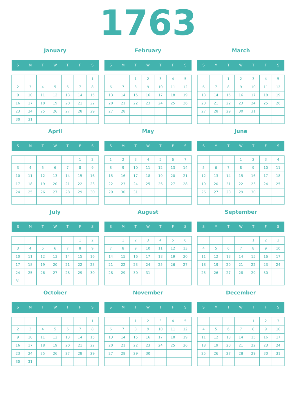 Printable 1763 Year Calendars verdigris