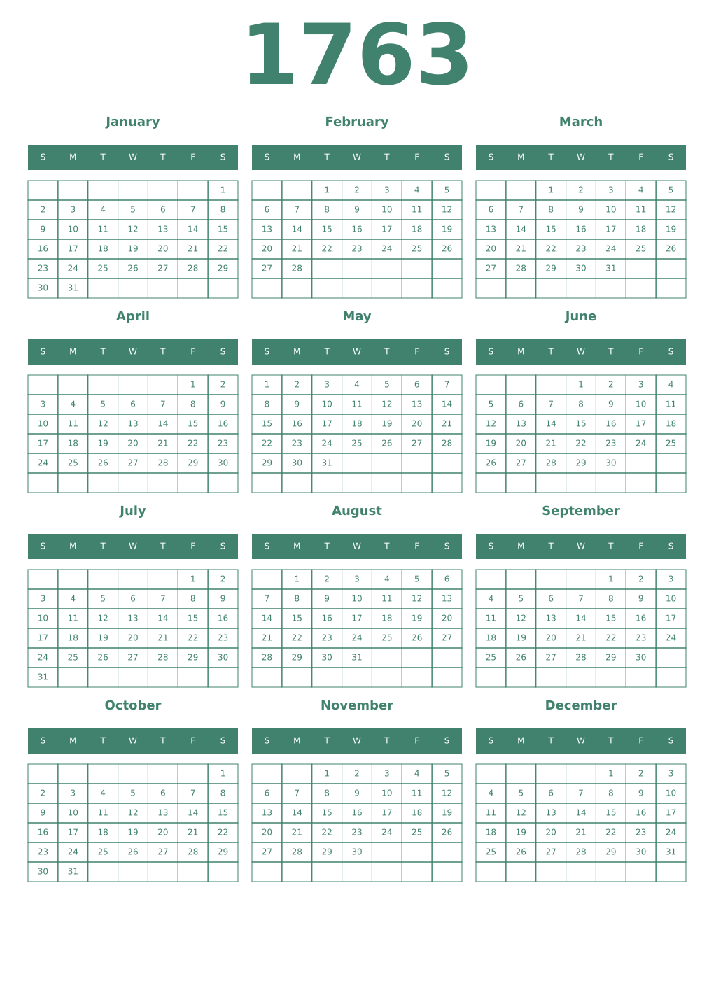 Printable 1763 Year Calendars viridian
