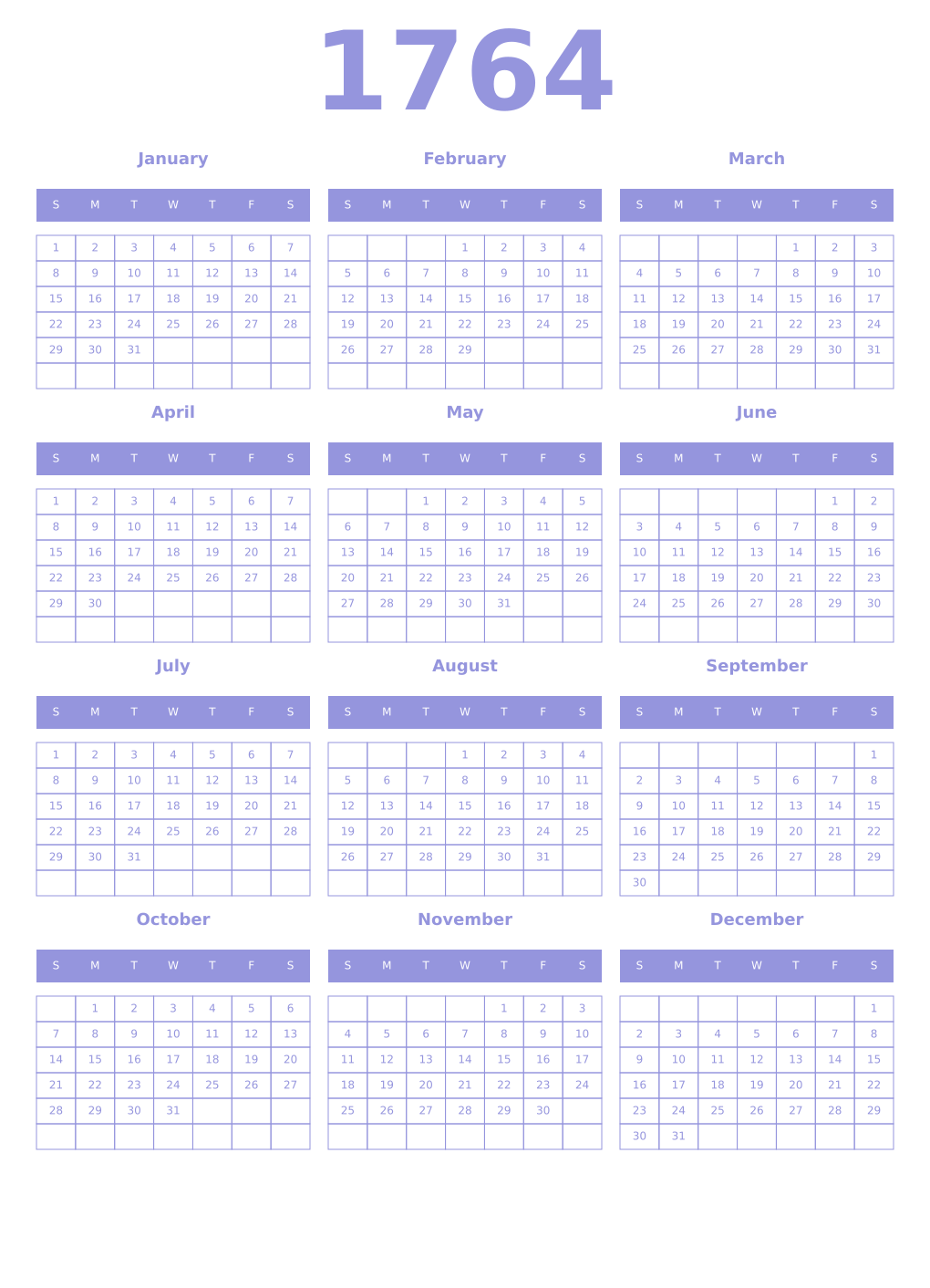Printable 1764 Year Calendars periwinkle