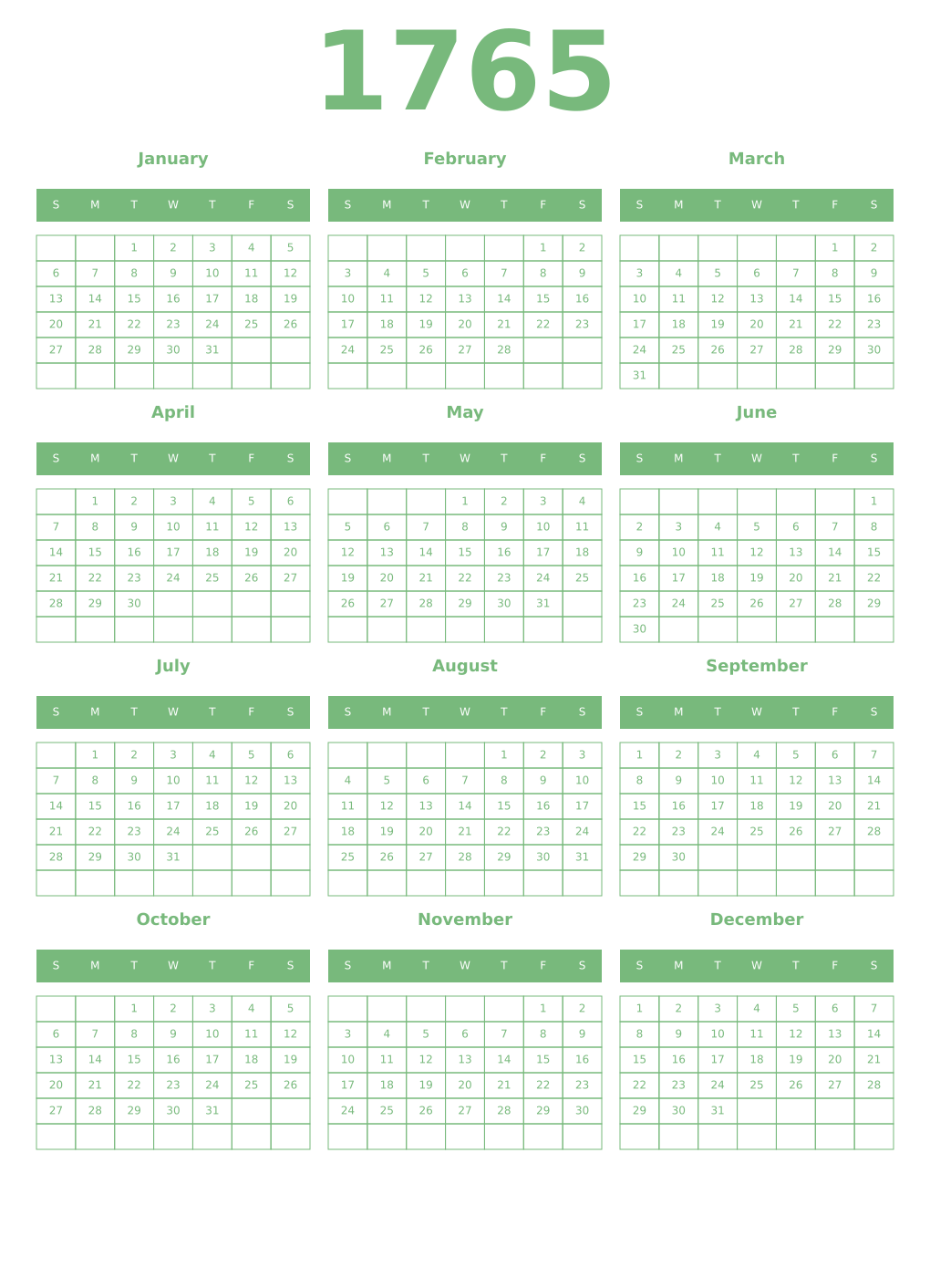 Printable 1765 Year Calendars celadon
