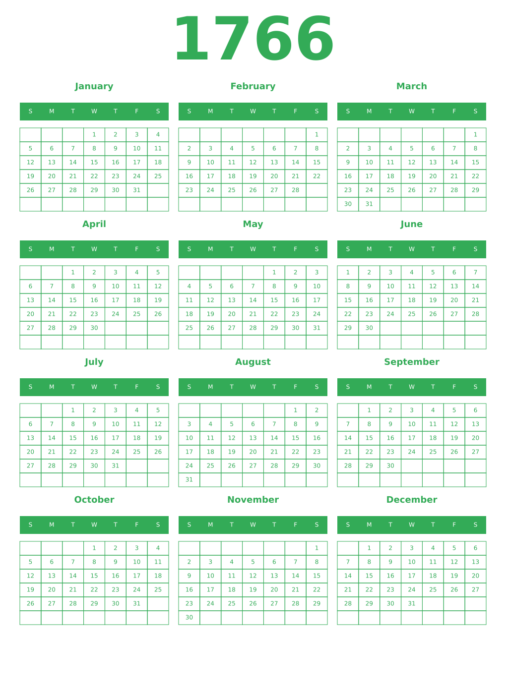 Printable 1766 Year Calendars green