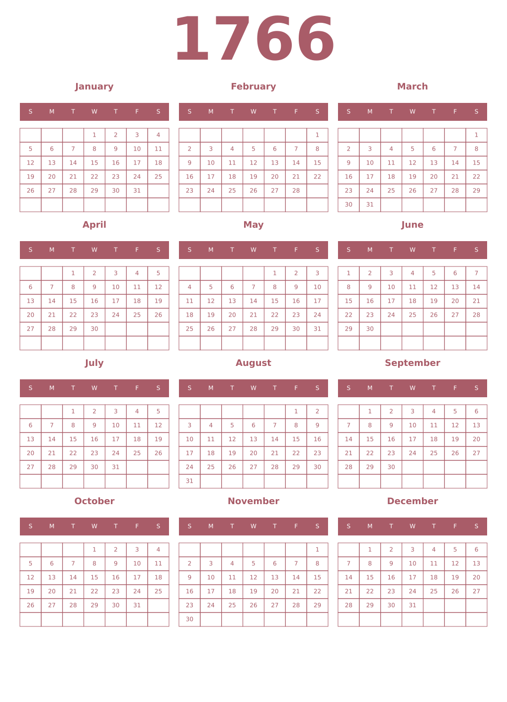 Printable 1766 Year Calendars puce