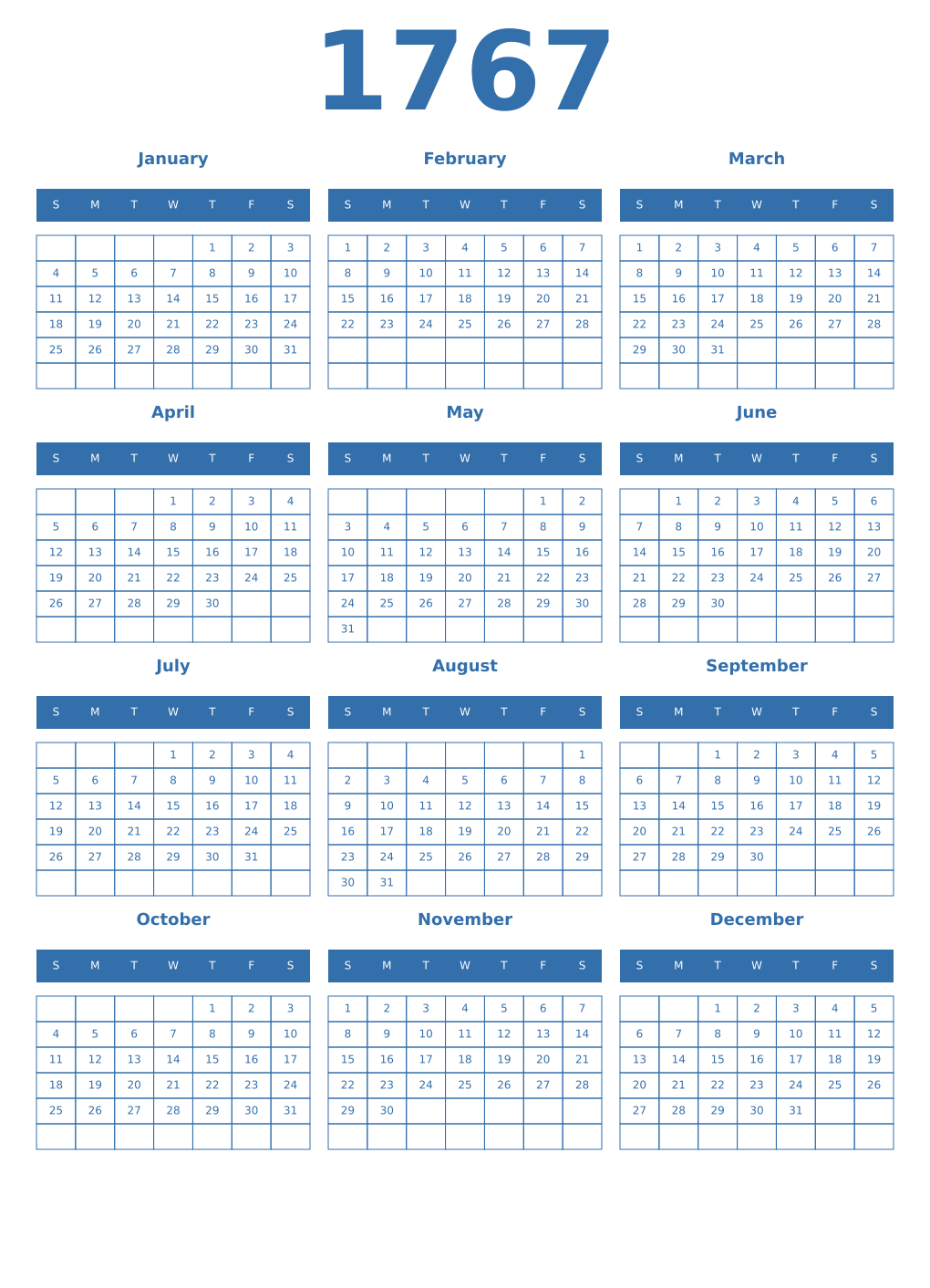 Printable 1767 Year Calendars blue