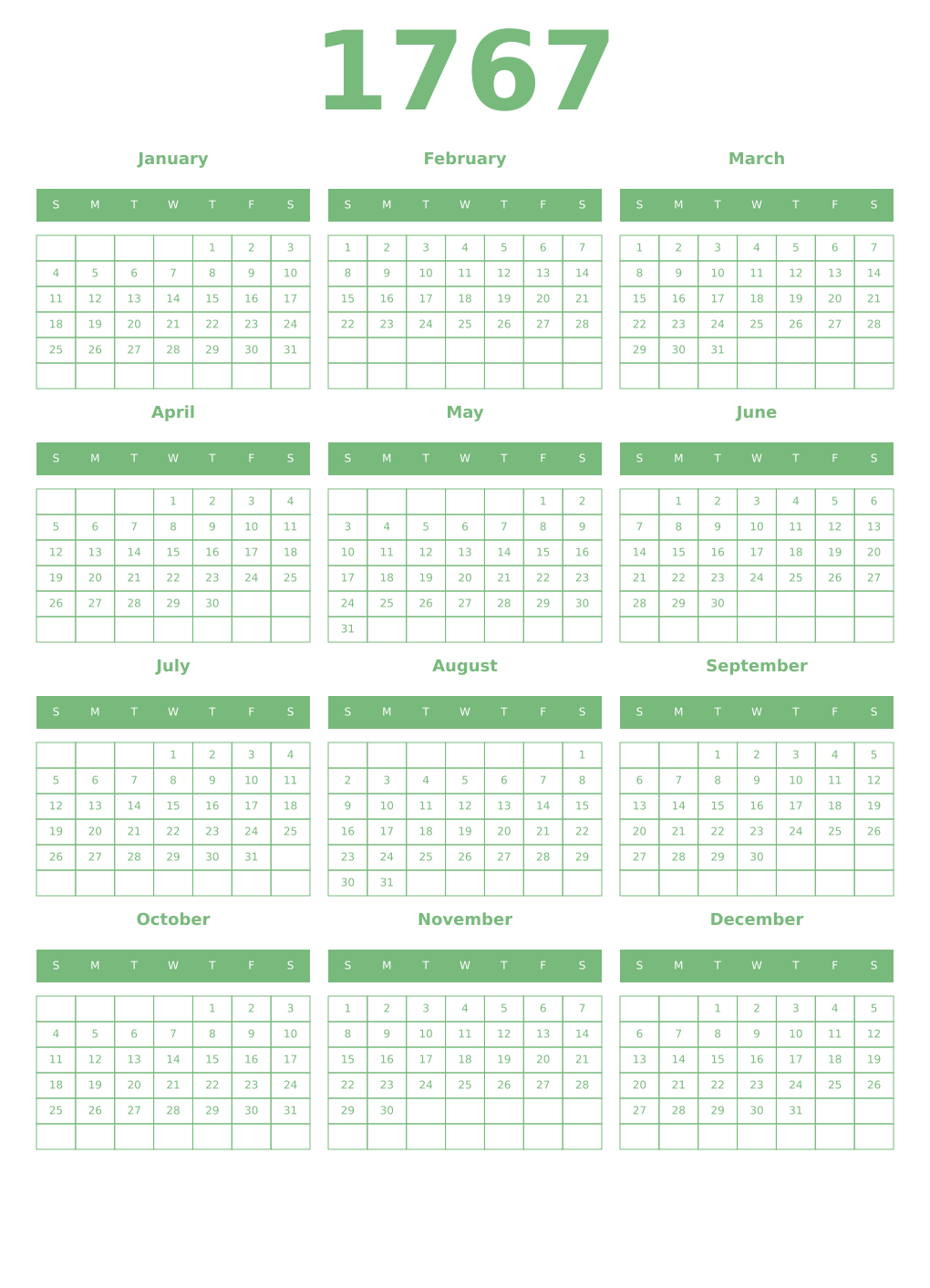 Printable 1767 Year Calendars celadon