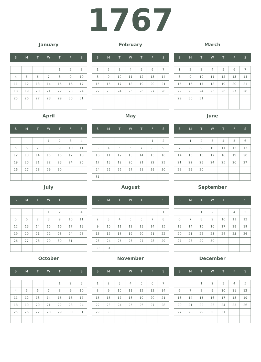 Printable 1767 Year Calendars feldgrau