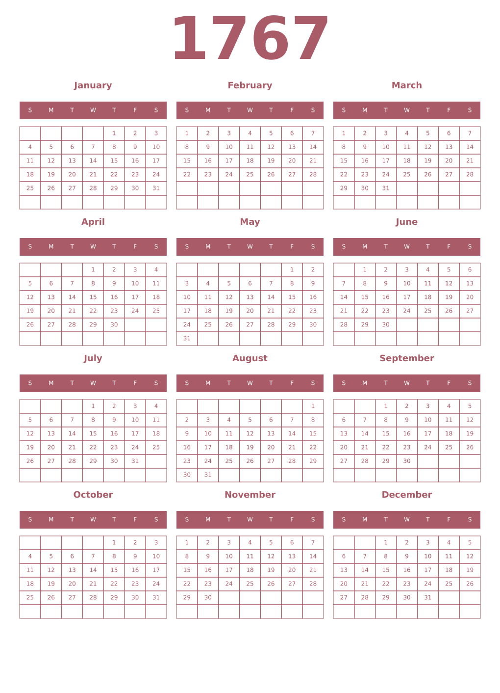 Printable 1767 Year Calendars puce