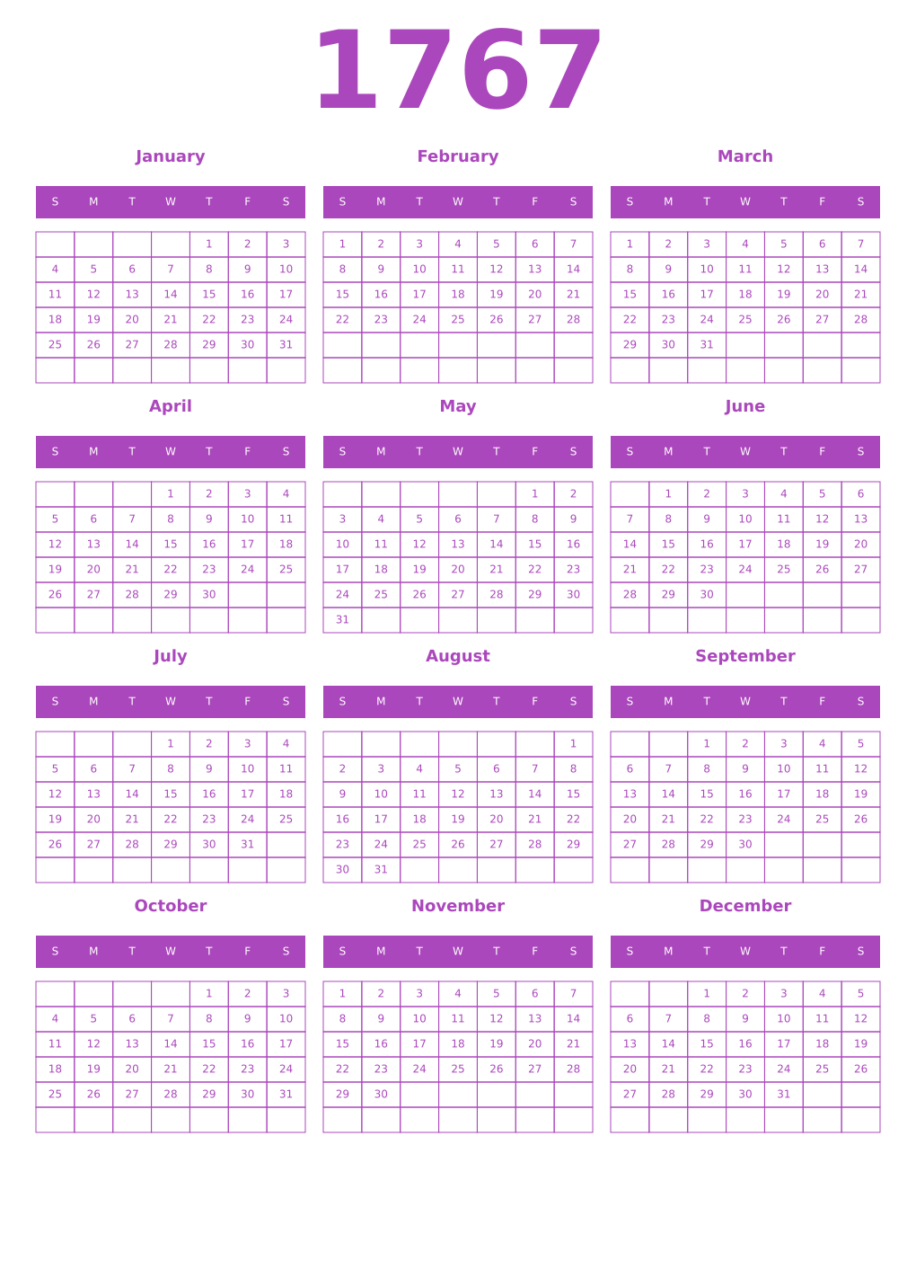 Printable 1767 Year Calendars purple