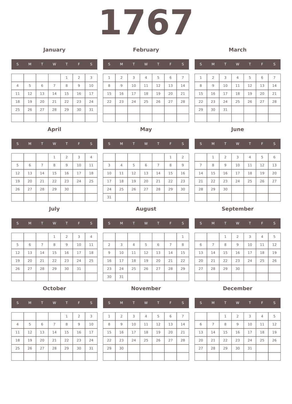 Printable 1767 Year Calendars wenge