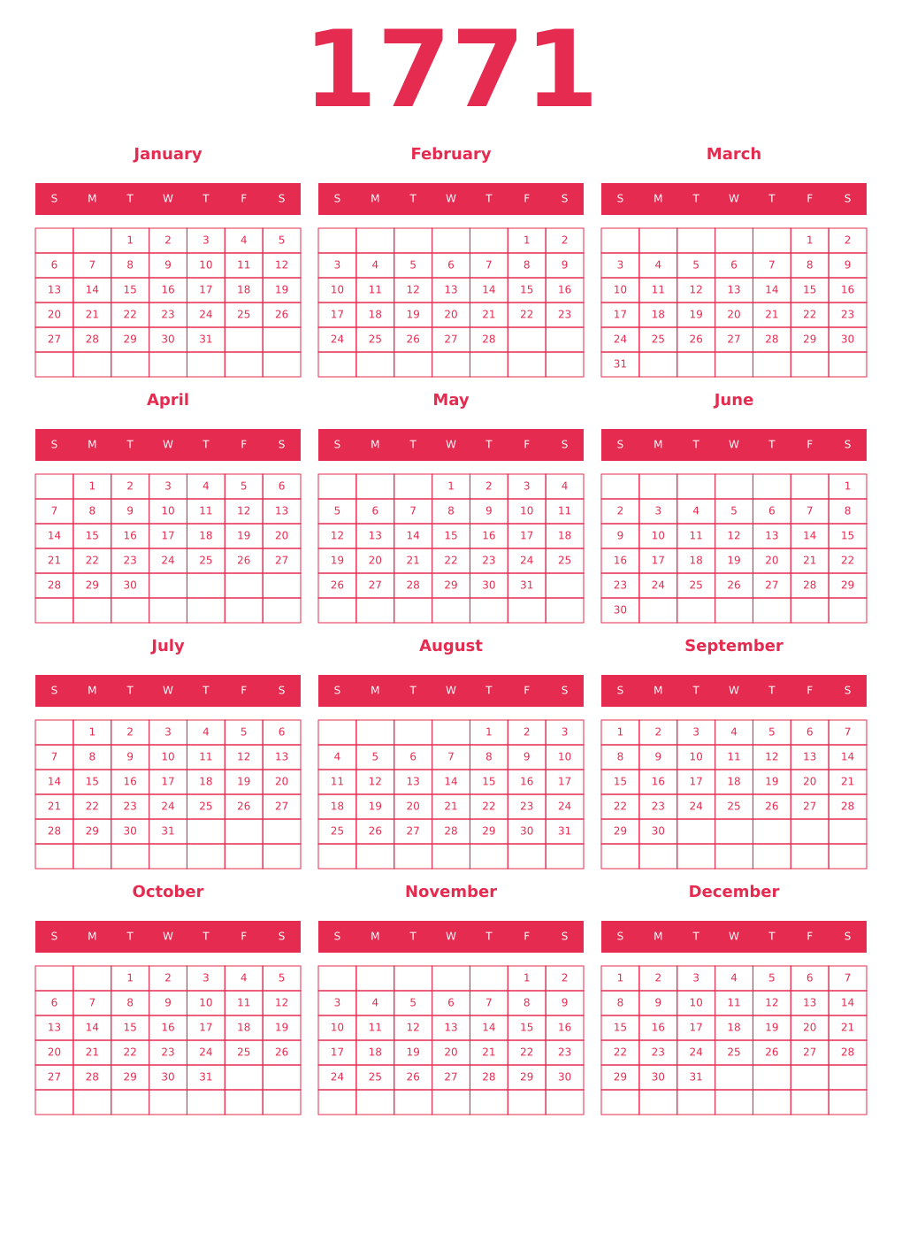 Printable 1771 Year Calendars amaranth