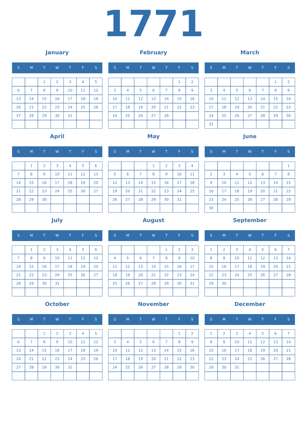 Printable 1771 Year Calendars blue