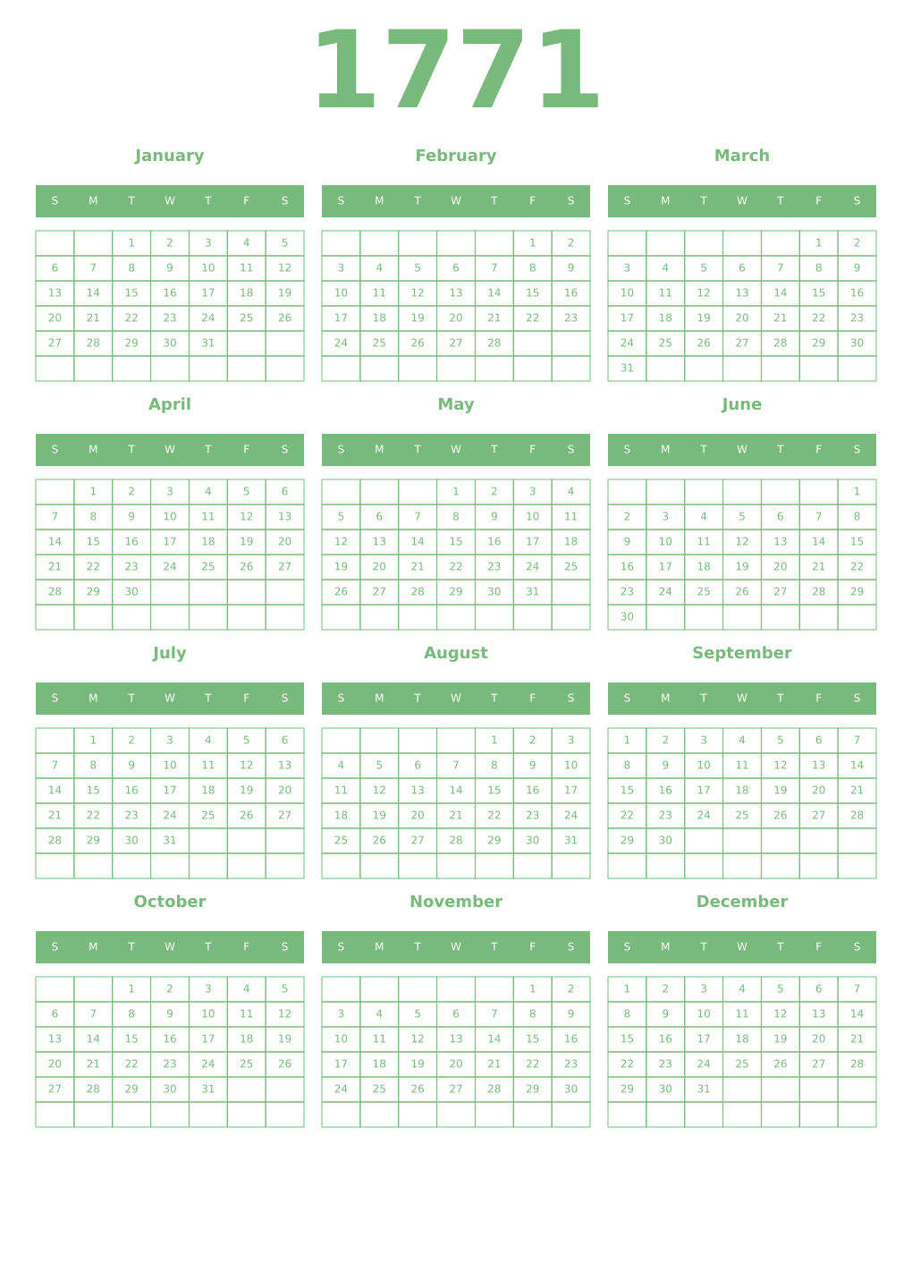 Printable 1771 Year Calendars celadon