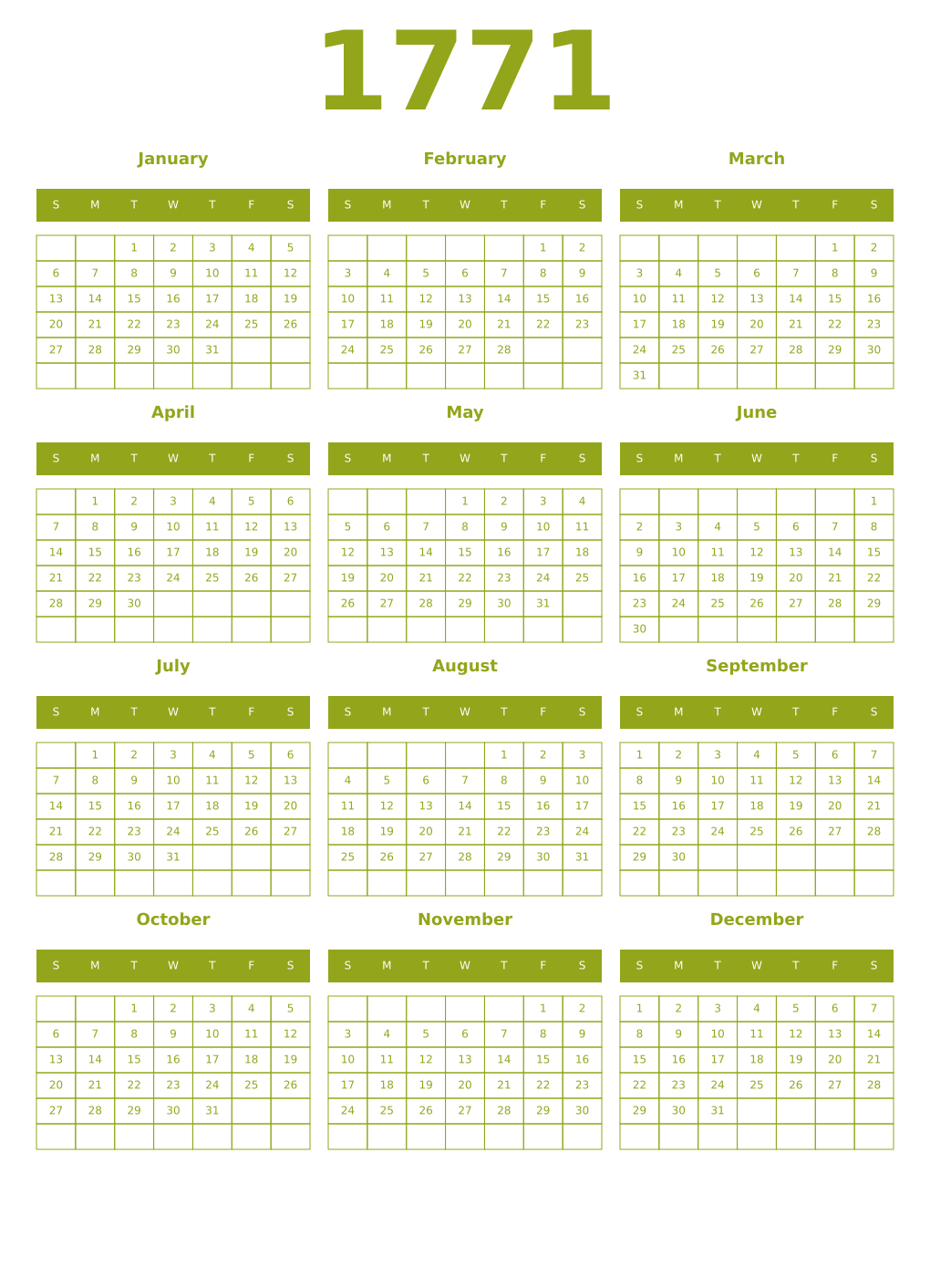Printable 1771 Year Calendars chartreuse