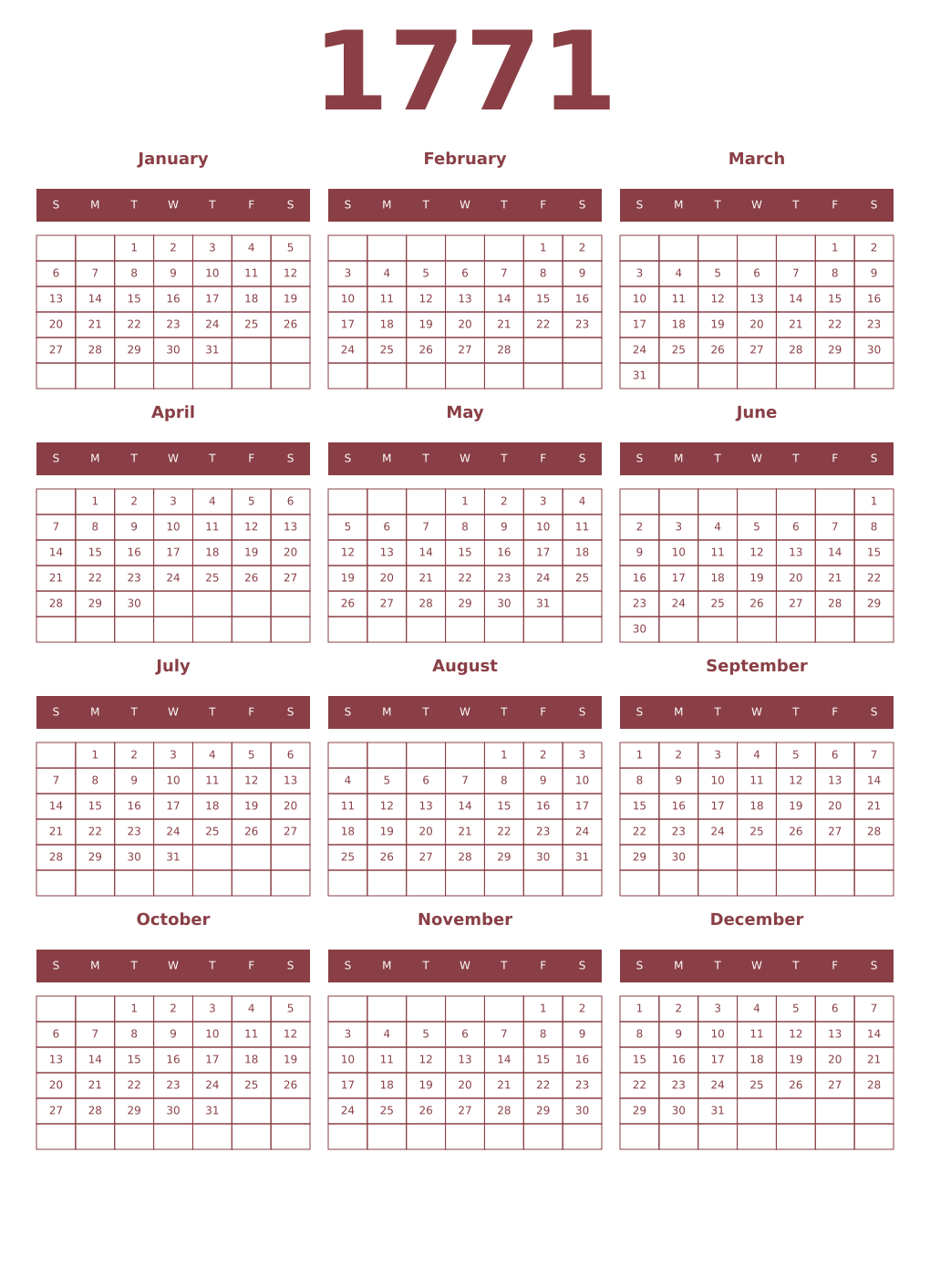 Printable 1771 Year Calendars cordovan