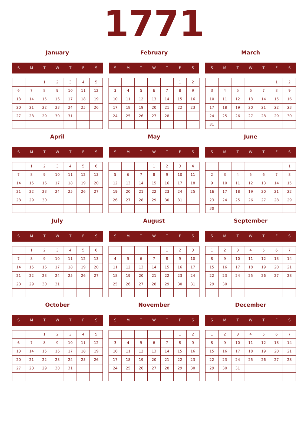 Printable 1771 Year Calendars falu