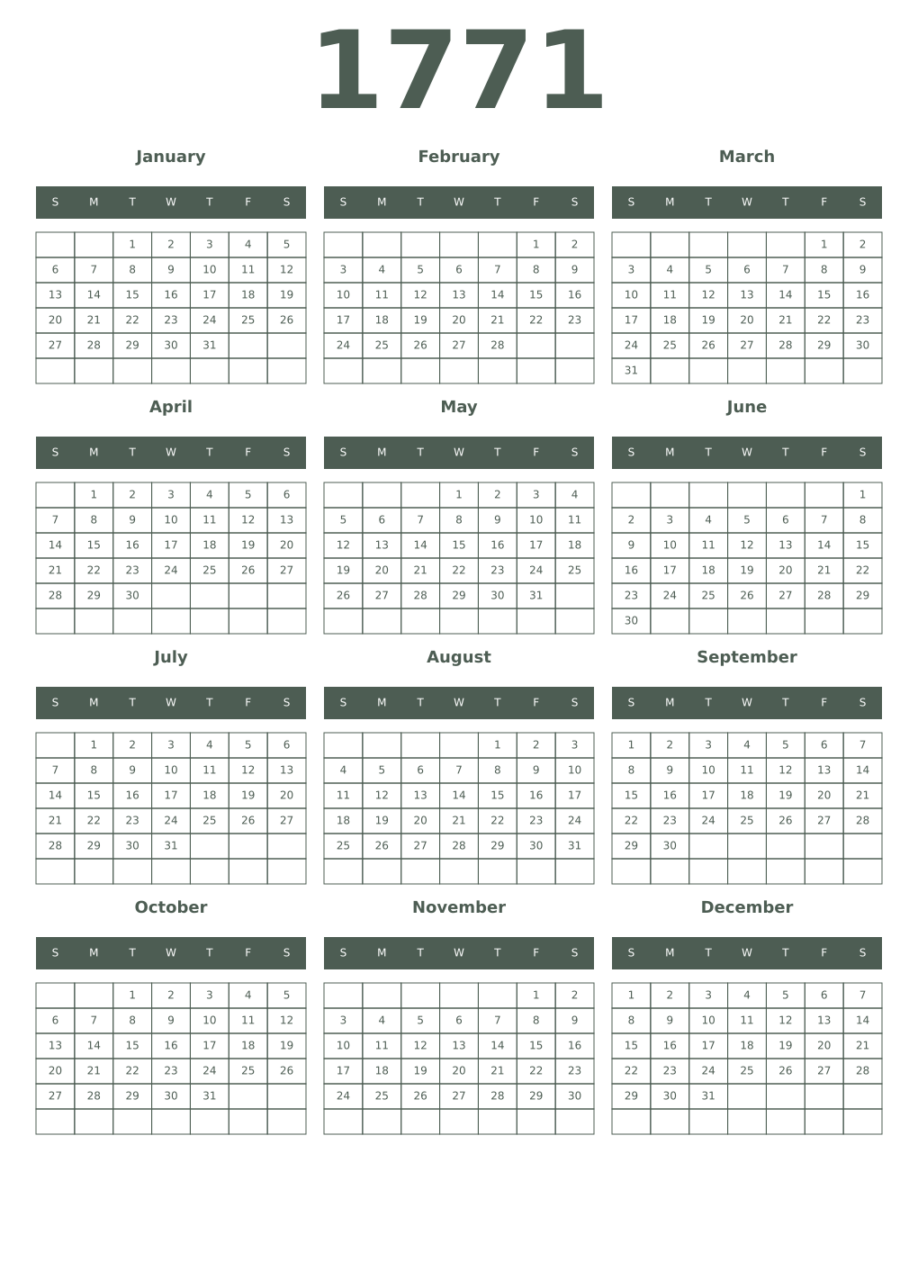 Printable 1771 Year Calendars feldgrau