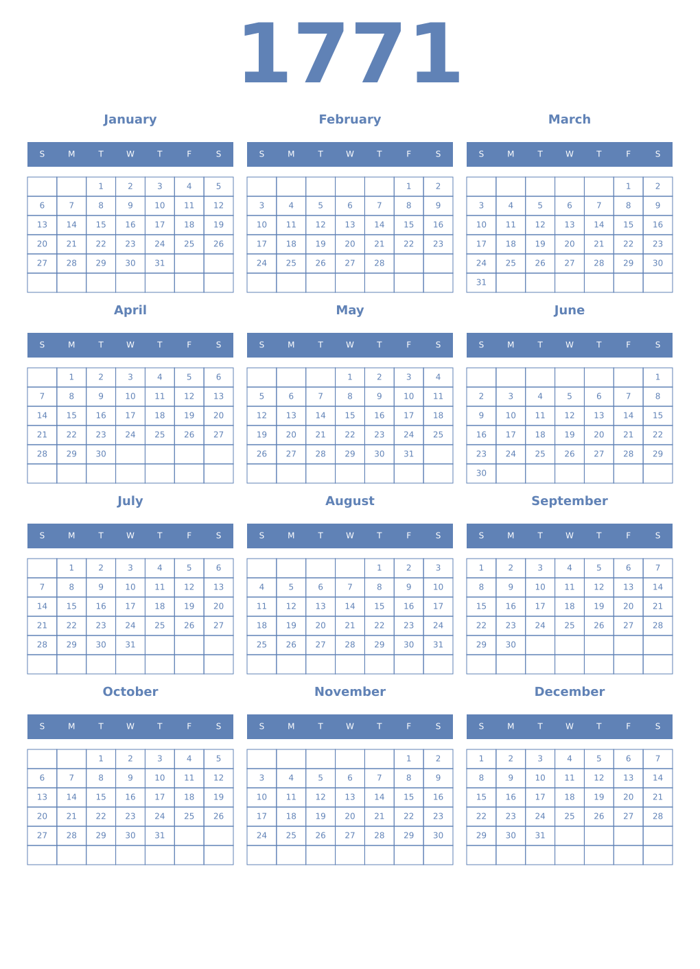 Printable 1771 Year Calendars glaucous