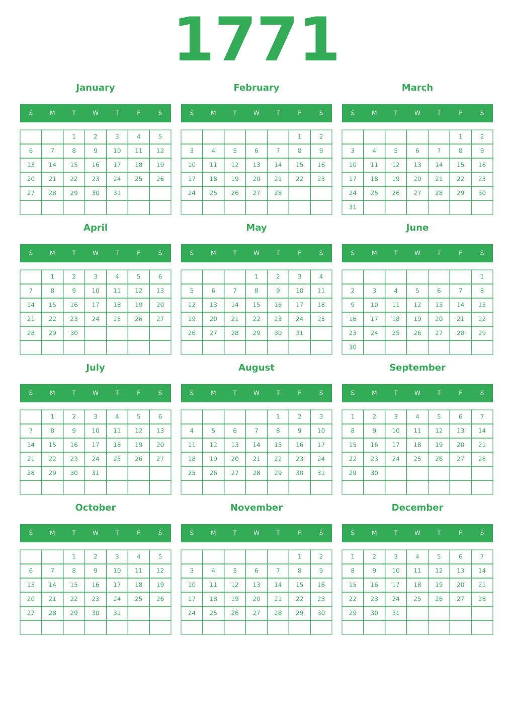 Printable 1771 Year Calendars green