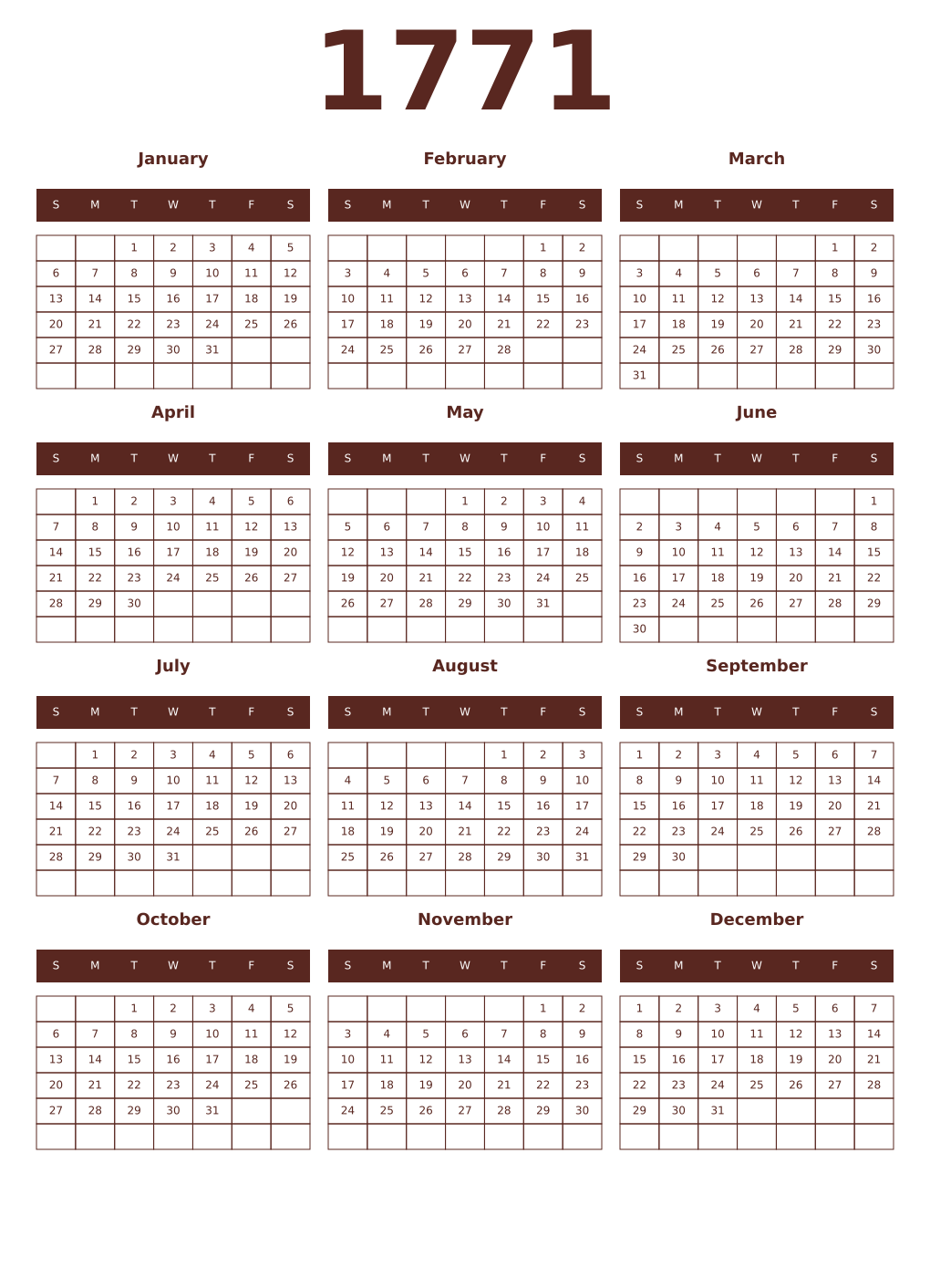 Printable 1771 Year Calendars mortuum