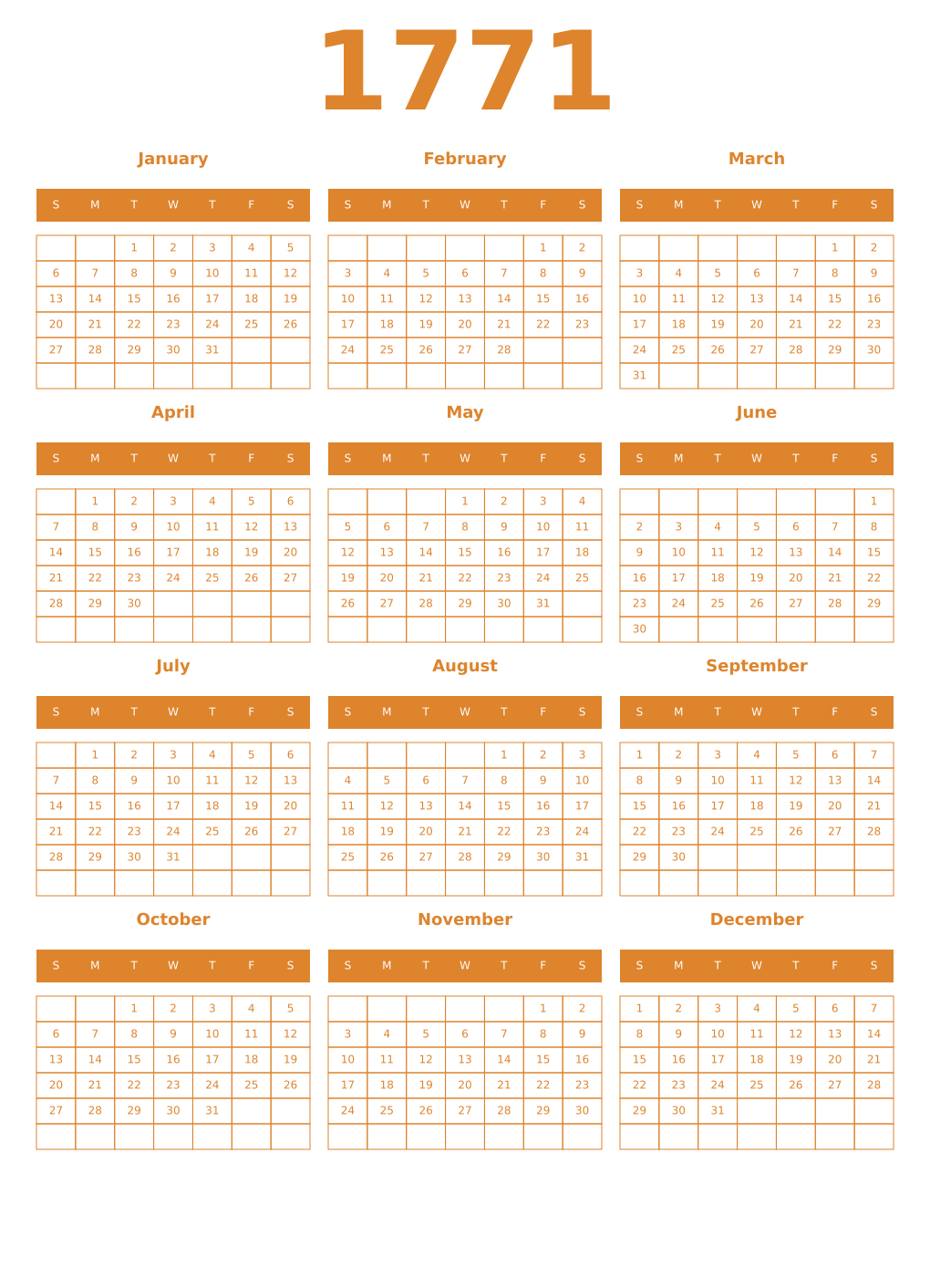 Printable 1771 Year Calendars orange