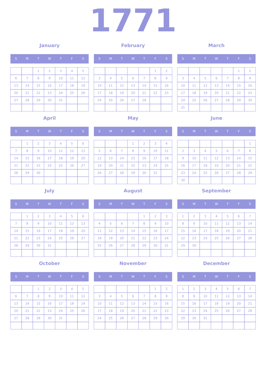 Printable 1771 Year Calendars periwinkle