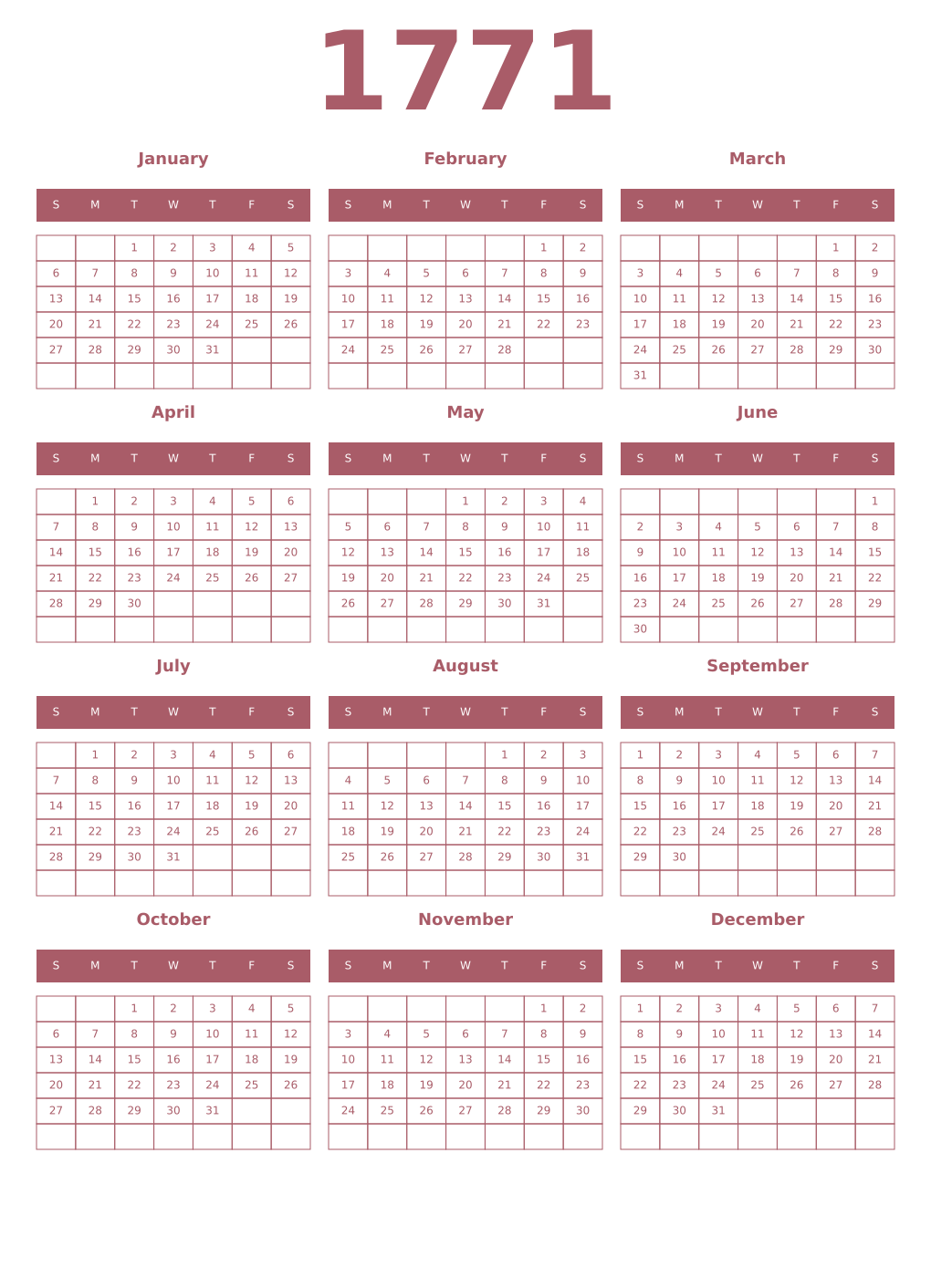 Printable 1771 Year Calendars puce