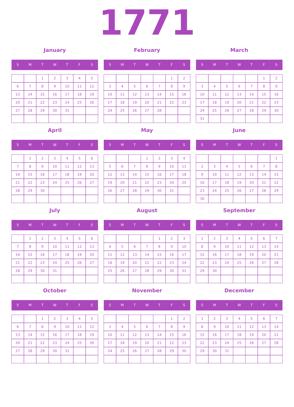 Printable 1771 Year Calendars purple
