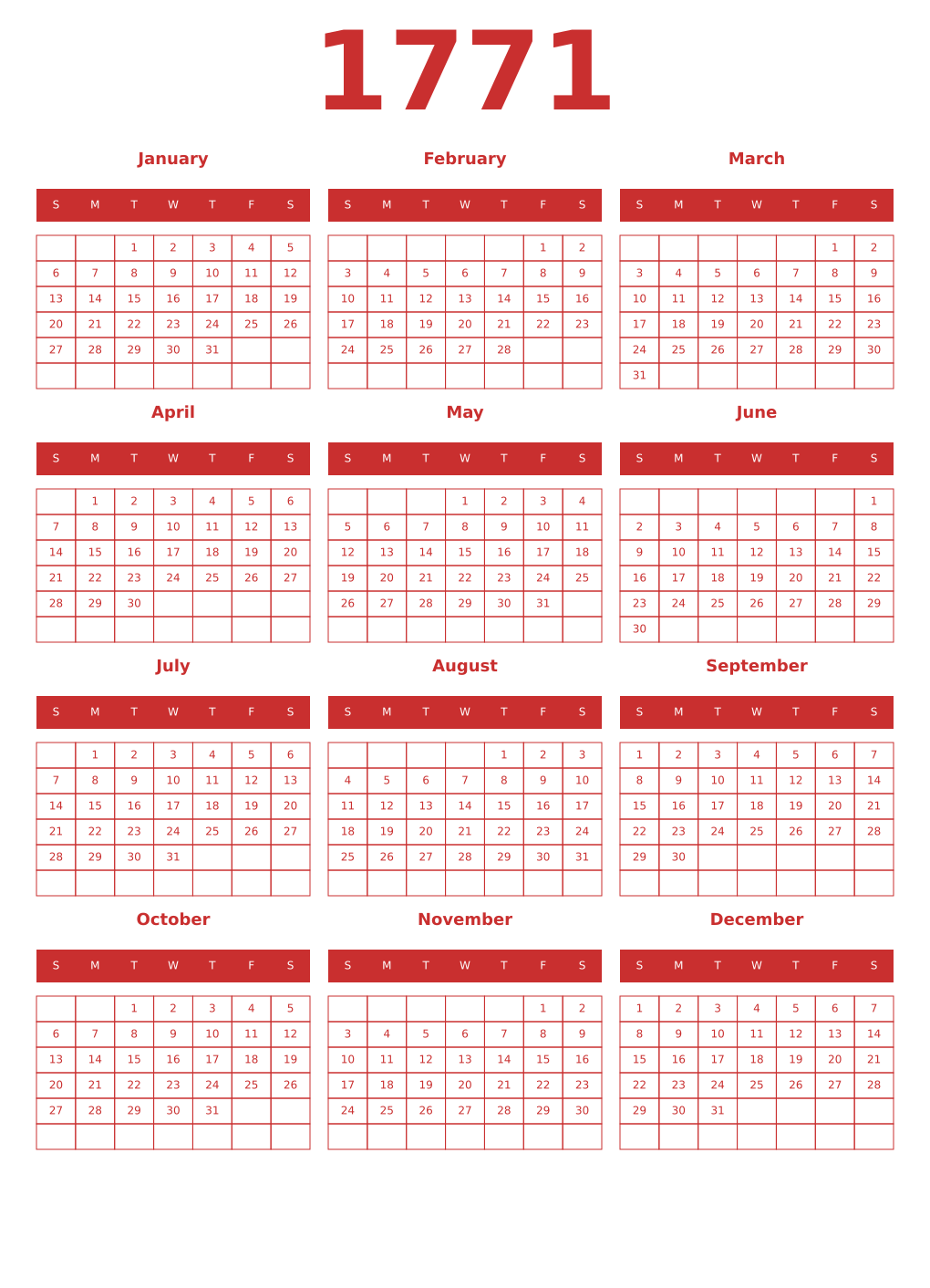 Printable 1771 Year Calendars red