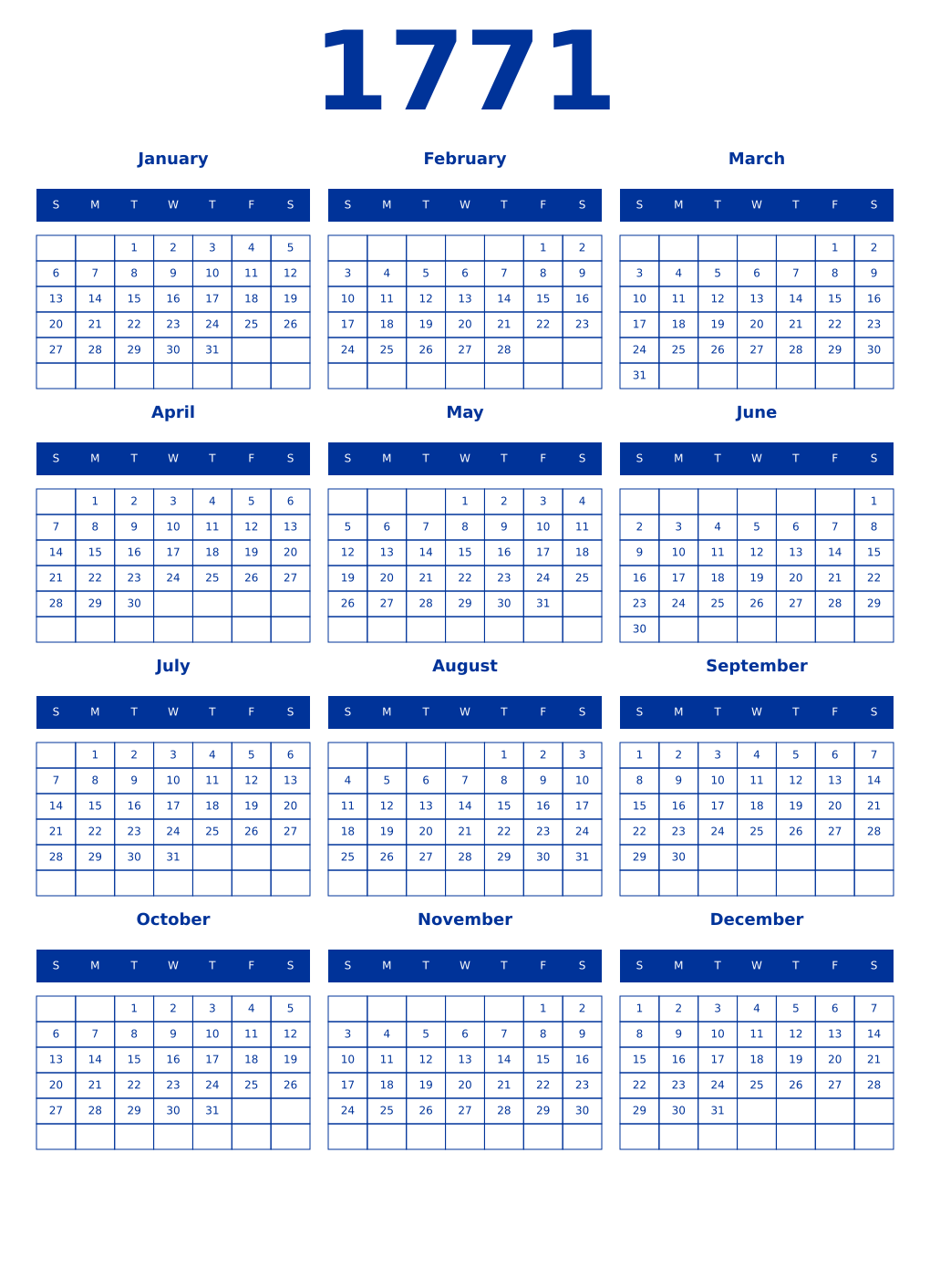 Printable 1771 Year Calendars smalt