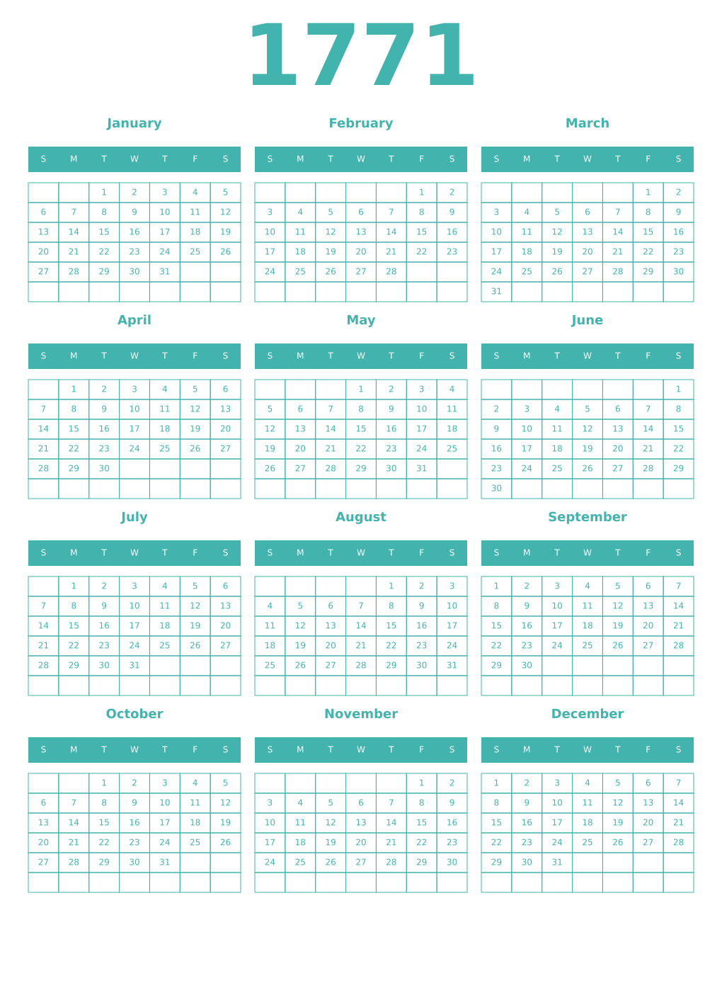 Printable 1771 Year Calendars verdigris