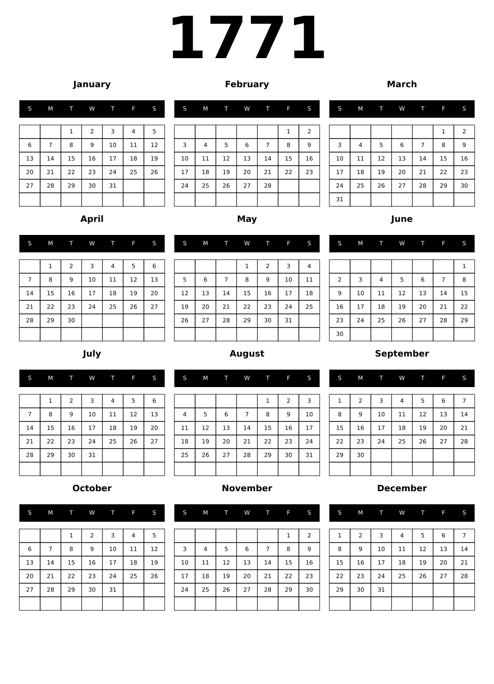 Printable 1771 Calendars