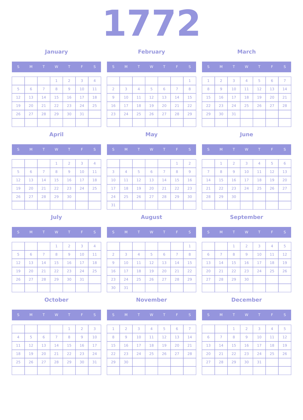 Printable 1772 Year Calendars periwinkle
