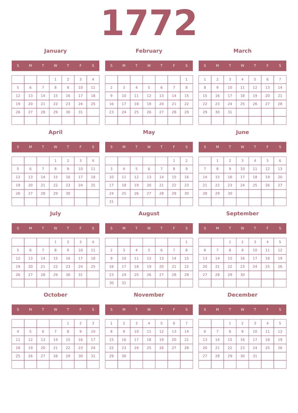 Printable 1772 Year Calendars puce