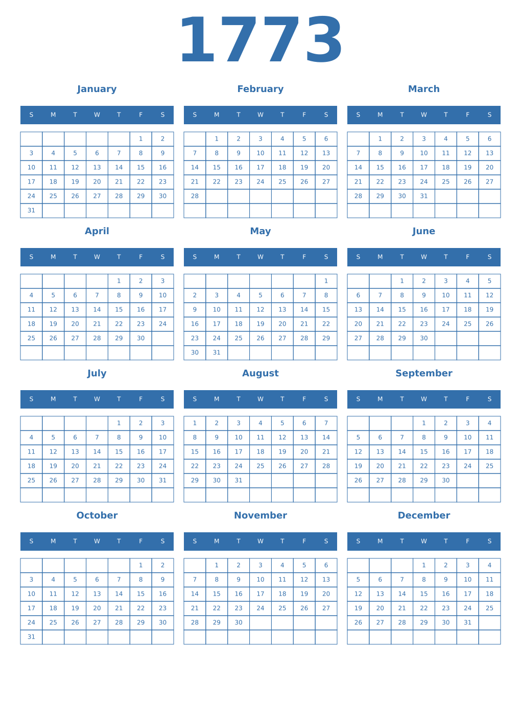 Printable 1773 Year Calendars blue