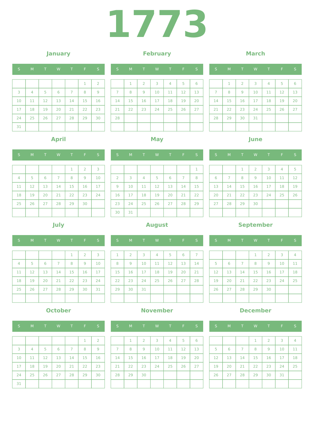 Printable 1773 Year Calendars celadon
