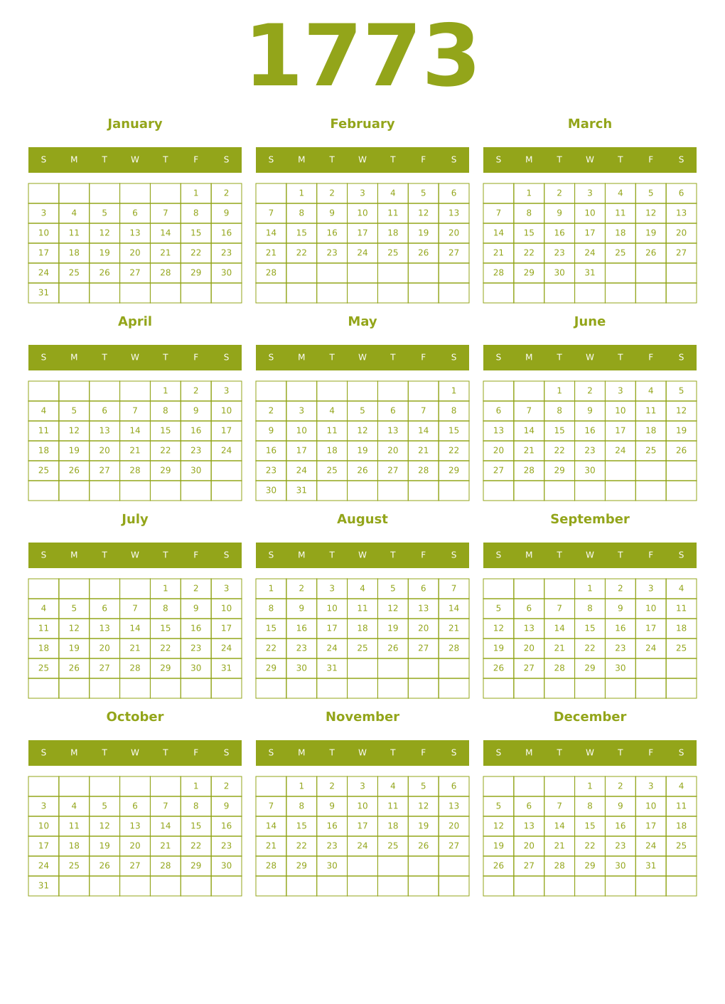 Printable 1773 Year Calendars chartreuse