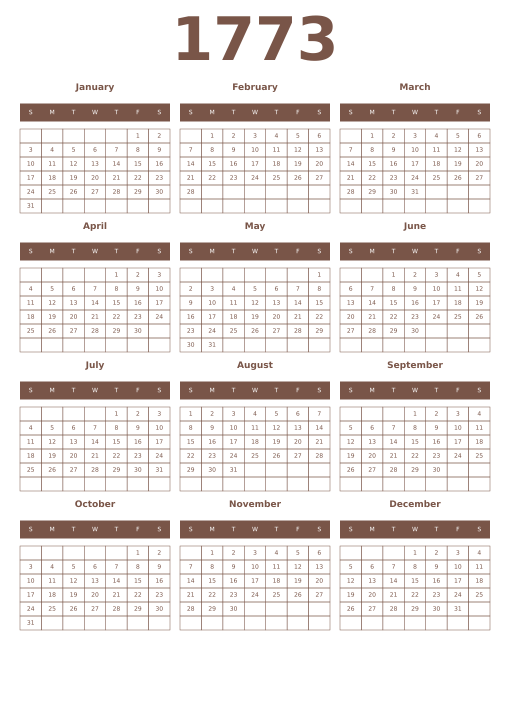 Printable 1773 Year Calendars coffe