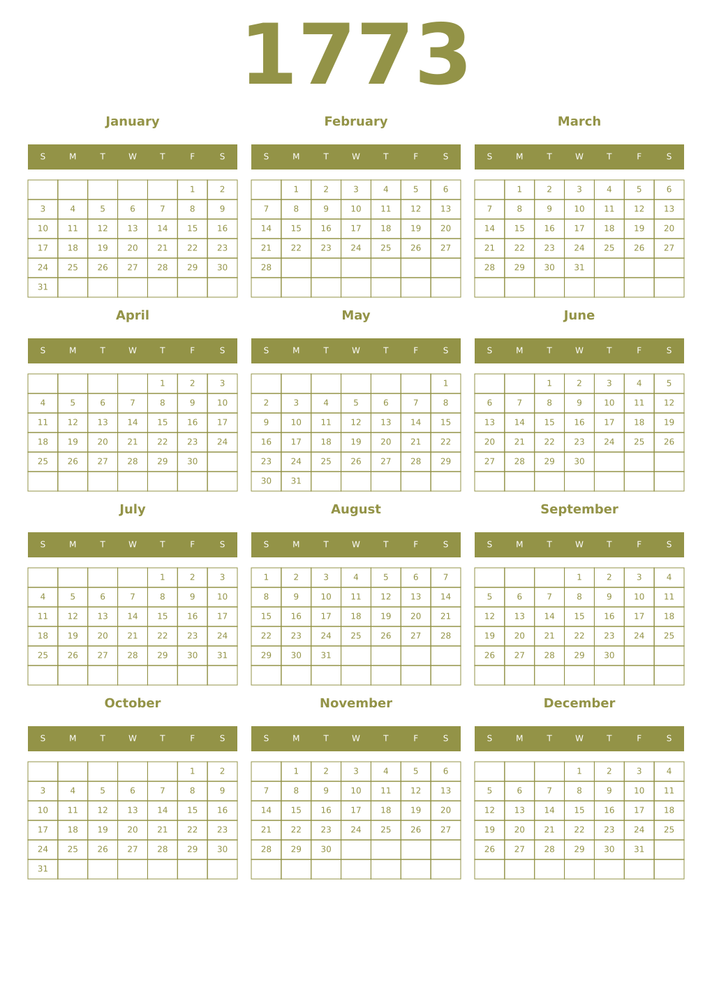 Printable 1773 Year Calendars eburnean