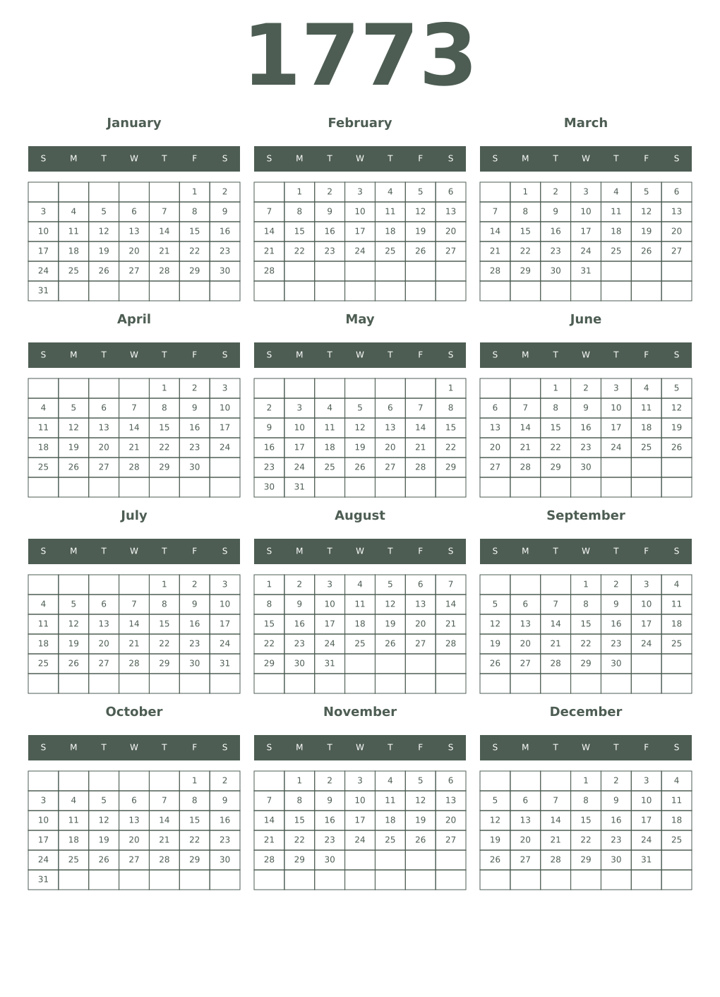 Printable 1773 Year Calendars feldgrau