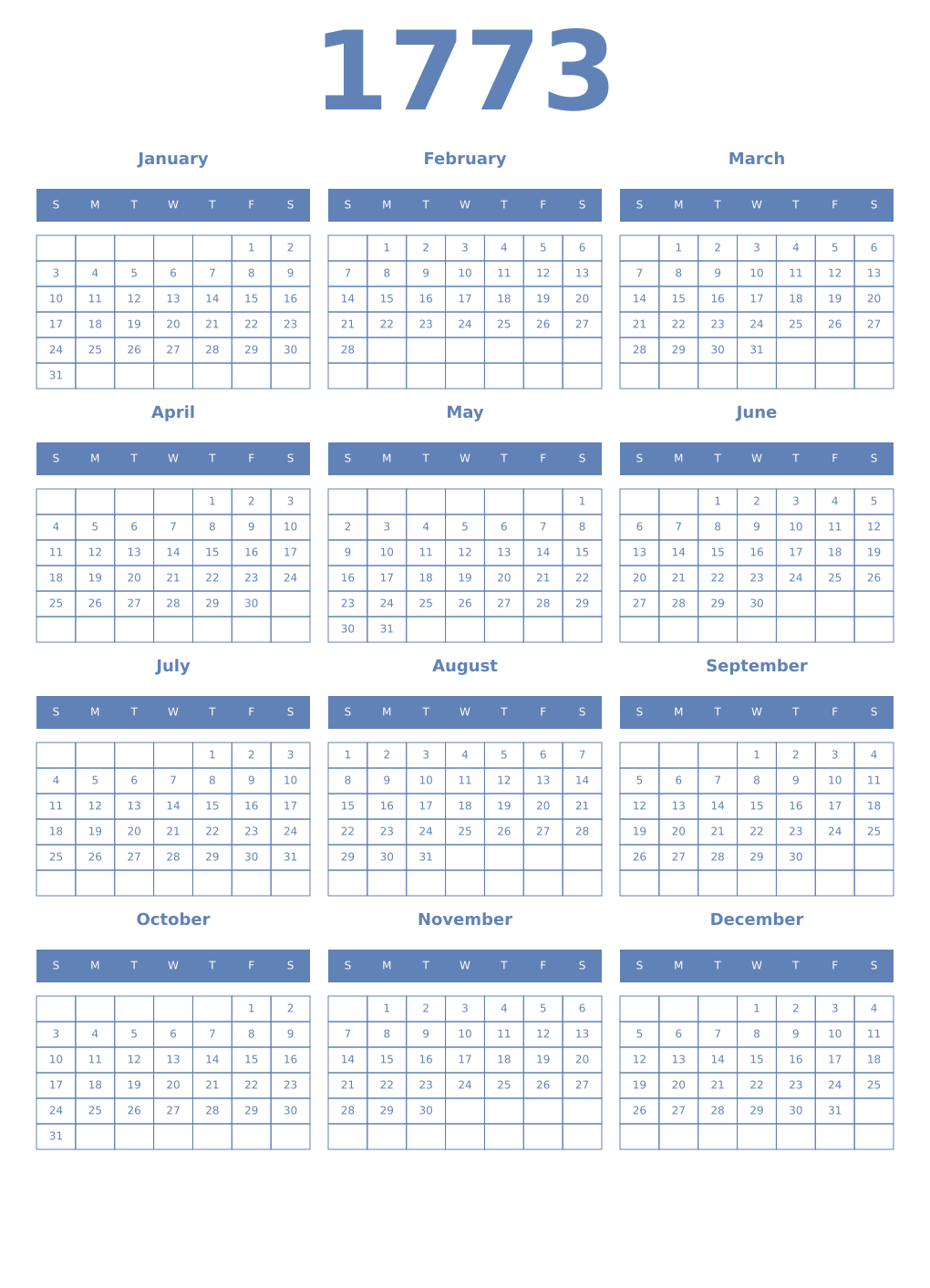 Printable 1773 Year Calendars glaucous