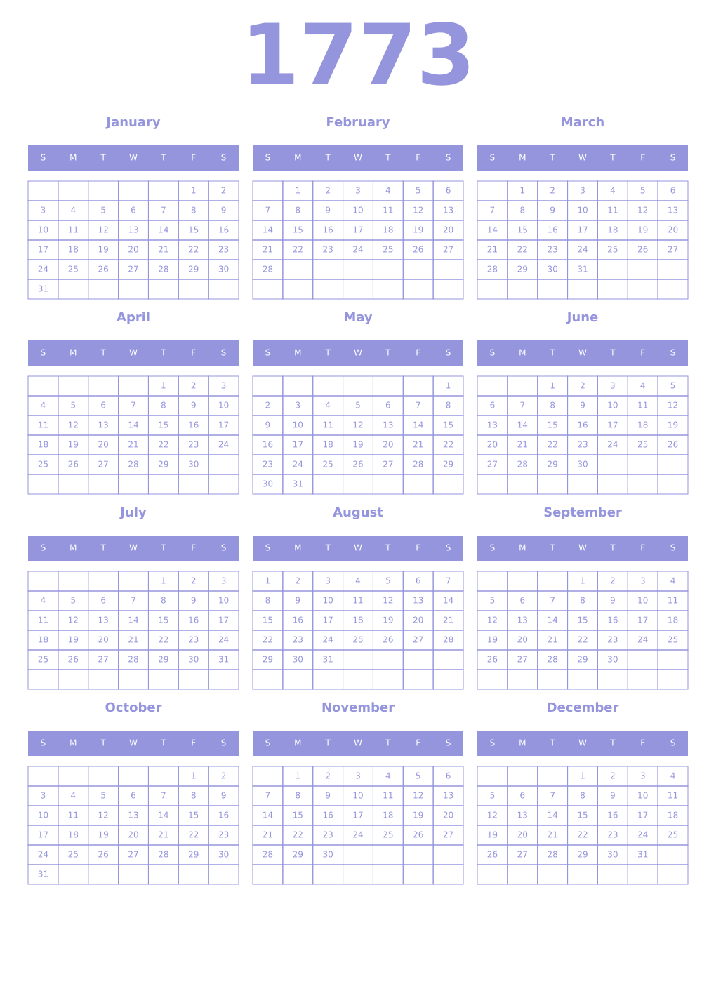 Printable 1773 Year Calendars periwinkle