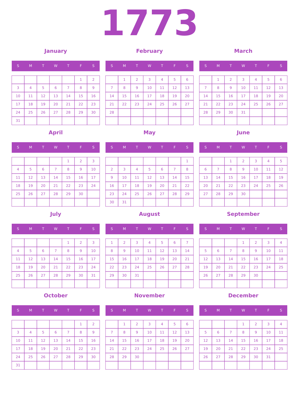Printable 1773 Year Calendars purple