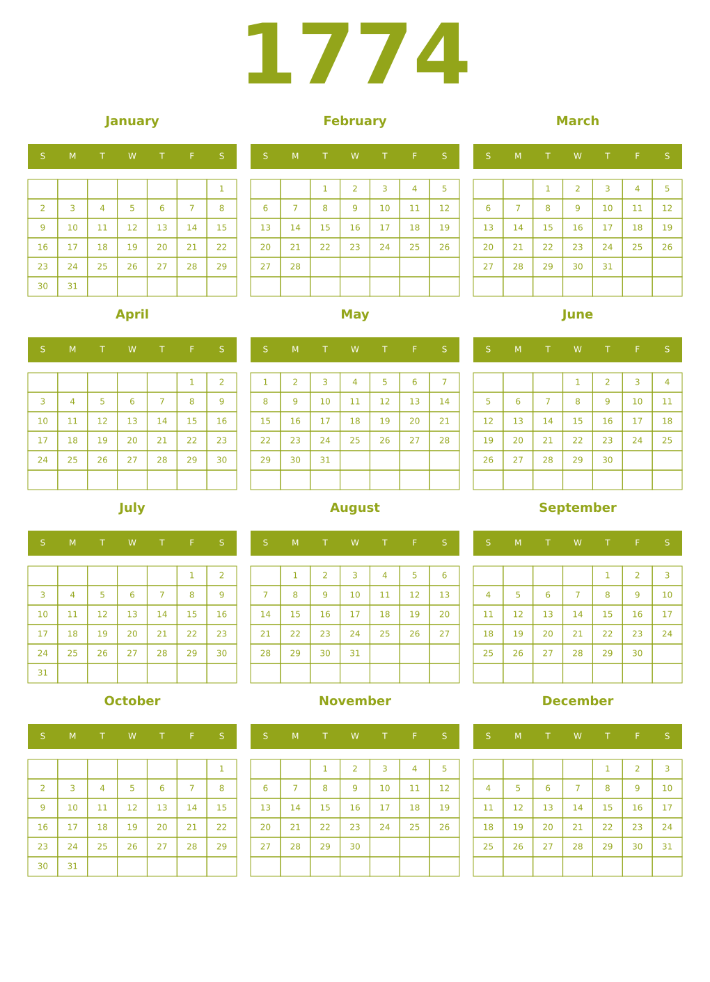 Printable 1774 Year Calendars chartreuse