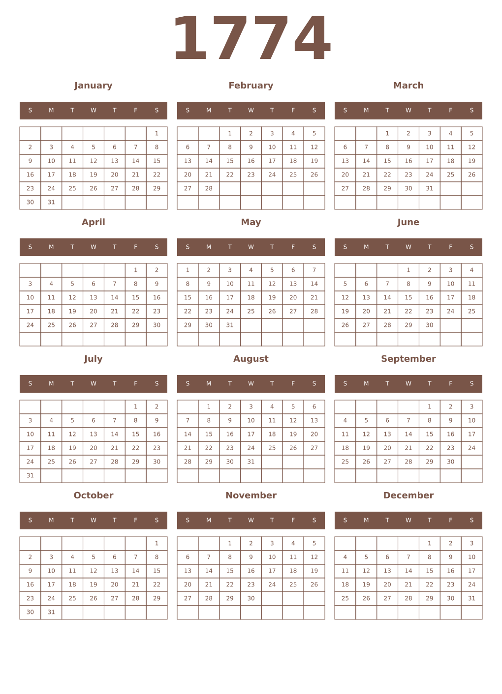 Printable 1774 Year Calendars coffe