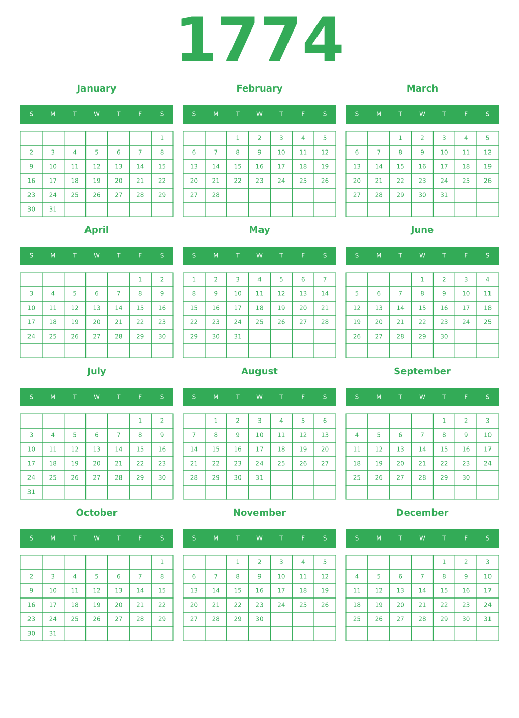 Printable 1774 Year Calendars green